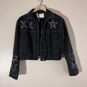 ASOS DESIGN Denim Jacket in Washed Black with Studs and Embroidery WILD Size 2